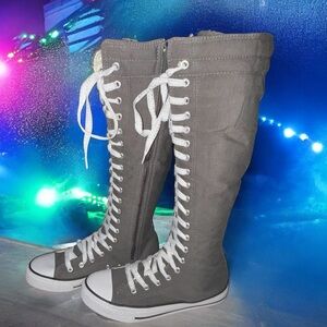 Mengsai Hi Top Knee High Edgy Gray Tie Zipper Canvas Sneakers  Size 8
